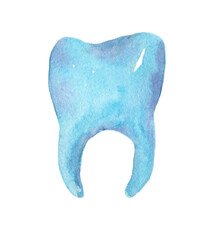 Watercolor tooth isolated on the white background. Watercolor fried egg isolated on the white background. Hand-drawn illustration.