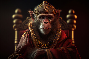 King of a monkey on throne. AI generative illustration - obrazy, fototapety, plakaty