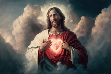 The Heavenly Vision of Jesus Christ and His Red Heart in the Sky Generative AI - obrazy, fototapety, plakaty