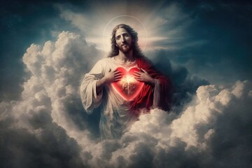 The Loving Image of Jesus Christ Holding a Red Heart in the Sky Generative AI