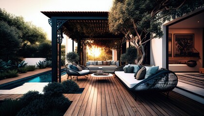 The interior design of a lavish side outside garden, with a teak hardwood deck and a black pergola, Scene with couches and lounge chairs by the pool. Generative AI.