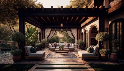 The interior design of a lavish side outside garden, with a teak hardwood deck and a black pergola, Scene with couches and lounge chairs by the pool. Generative AI.
