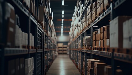 Fototapeta premium A sizeable clean warehouse with shelves and cardboard boxes. Generative AI.