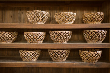 Fototapeta premium 銭湯・温泉の脱衣所 並んだ脱衣かご・籐のバスケット Clothes baskets at changing room in Sento (Japanese public bathhouse)