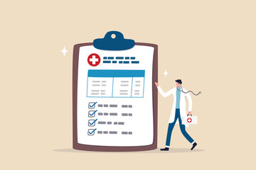 Medical clipboard, prescription or insurance document, health check or doctor diagnosis record, medicine or medicare checklist concept, doctor with stethoscope holding medical clipboard prescription. - obrazy, fototapety, plakaty