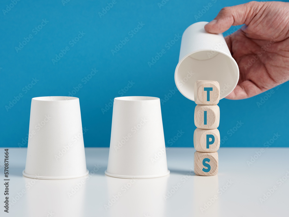 Poster to find knowledge, information and useful tips concept. man playing the shell game with three cups r