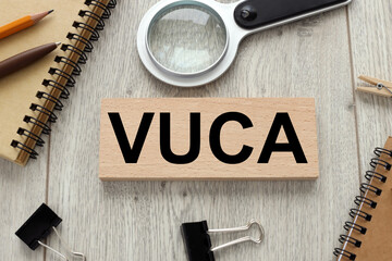 VUCA Symbol. Wooden Circle with acronym VUCA - volatility, uncertainty, complexity, ambiguity