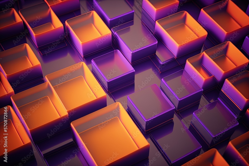 Poster an abstract background of violet and orange translucent blocks, arranged in a minimalist grid, to re