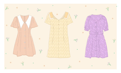 Beautiful womens dresses set. Vintage female apparel collection. Tender and pastel colors.