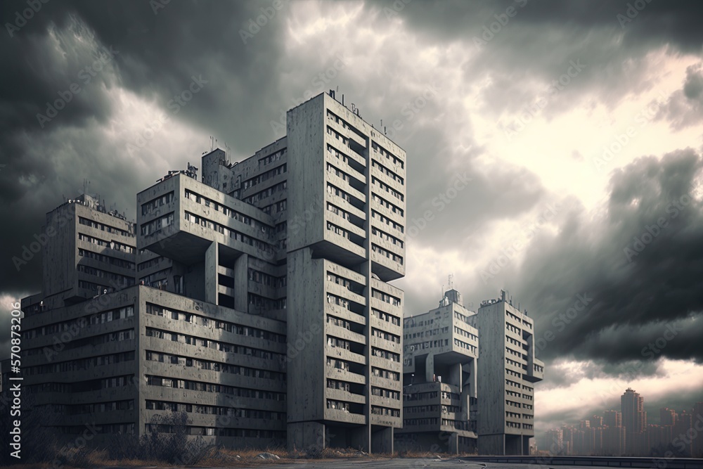 Poster urban environment consisting mainly of concrete. rusted soviet brutalist structures in the afternoon