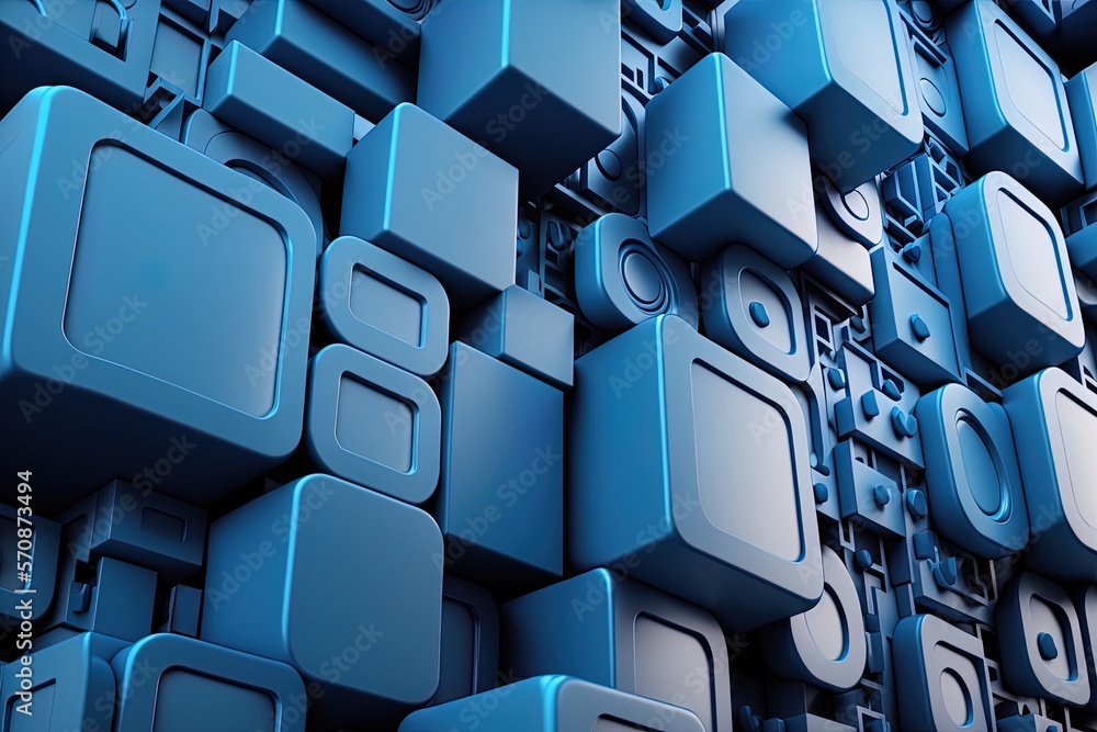 Poster a cutting-edge technological banner made of blue blocks of varying sizes that have been meticulously