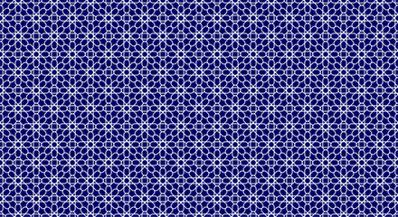 Flower like geometric pattern in dark blue background. Ornament fabric design. Carpet and textiles pattern.