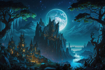 Fototapeta na wymiar A fantasy castle in a heavily forested city at night Generative AI