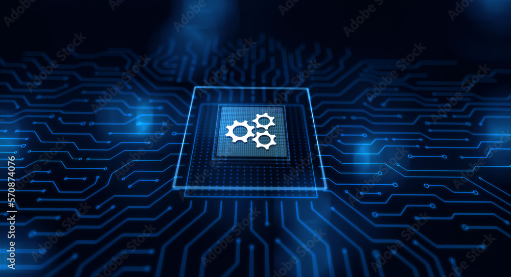 Poster gears mechanism on virtual screen. automation and business process flow. business and technology con