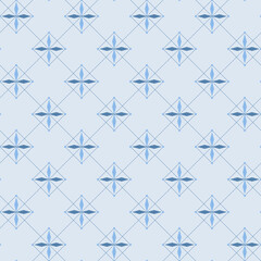 Light blue and dark blue color cross in squares frame on a blue background with diagonal line. It is a seamless pattern that looks neat, clean and beautiful.