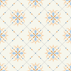 In this seamless pattern, there are various geometric figure arranged in a strikingly neat, orderly pleasing color scheme on a white tone background with diagonal squares, clean, elegant and beautiful