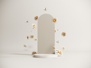 3d spring podium, display with daisies on light pastel background. Showcase for advertising products, cosmetics. Floral, summer, holiday banner for easter, wedding, mother's day, birthday.