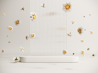 3d spring podium, display with daisies on light pastel background. Showcase for advertising products, cosmetics. Floral, summer, holiday banner for easter, wedding, mother's day, birthday.