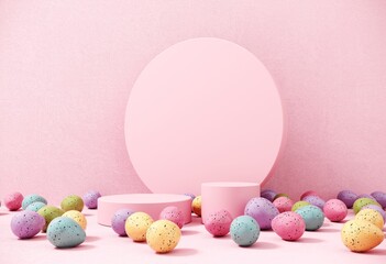 3d render of podium, showcase with multi-colored dyed dotted eggs. Happy Easter greeting background, postcard, template. Modern display for product advertising, holiday promotions with copy space.