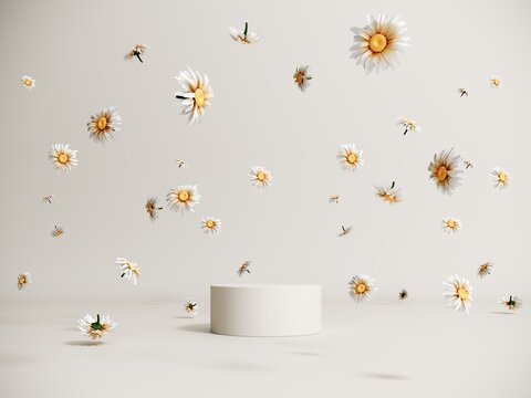 3d spring podium, display with daisies on light pastel background. Showcase for advertising products, cosmetics. Floral, summer, holiday banner for easter, wedding, mother's day, birthday.