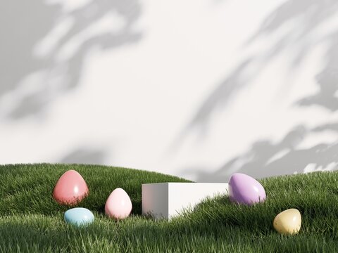 Happy Easter holiday greeting card with colorful painted eggs. 3d render of podium, showcase, display in green grass. Unobtrusive botanical background with shadow on the wall. 