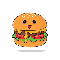Cute Melting Cheese Hamburger smiling flat food cartoon vector icon illustration 