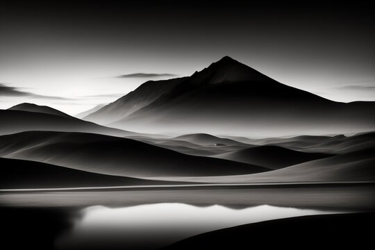Des silhouettes de montagnes avec de la brume en noir et blanc - generative AI