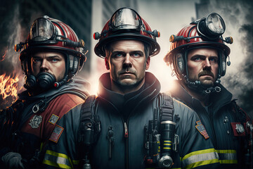 Portrait of a group of firefighter looking at camera. Generative AI illustration.