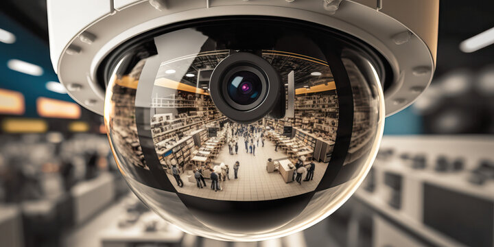 Close-up of a security camera's lens reflecting panorama of supermarket. Generative AI illustration