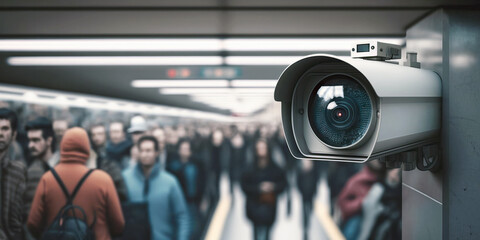 A security camera monitoring crowded train station or subway platform. Generative AI illustration