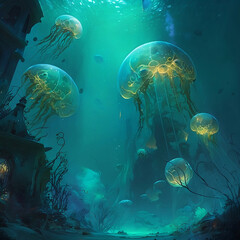 Fototapeta na wymiar Surrealistic jellyfish under the sea. Created with Generative AI technology