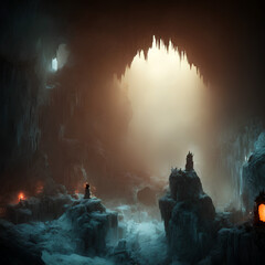 A frozen castle inside a cave, glow lighting. Created with Generative AI technology