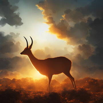 Anime style, a dikdik antelope in jungle, golden sunlight in orange sky, dramatic clouds cell shading. Created with Generative AI technology