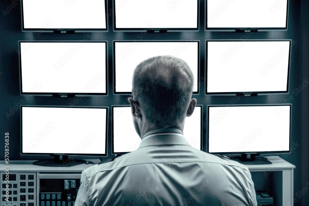 Poster a security guard observes multiple screens from a surveillance hub. generative ai illustration with 