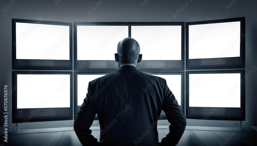 Poster a security guard stands with his back to us observing multiple screens from a control room. generati
