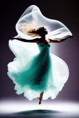 Fototapeta Une silhouette de danseuse en robe qui flotte dans les airs - generative AI obraz