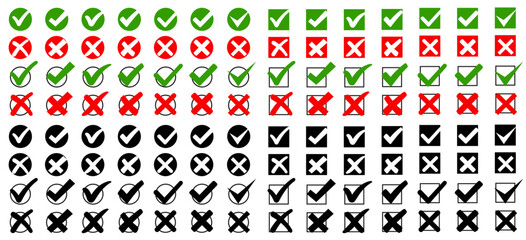 Set check mark, tick and cross signs, green checkmark OK and red X icons, symbols YES and NO button for vote, decision, election choice, web – vector