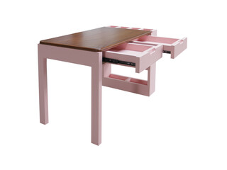 Pink wooden desk table with three shelves isolated. Interior design Inspiration. Furniture modern inspiration. Home living. Scandinavian Furniture.