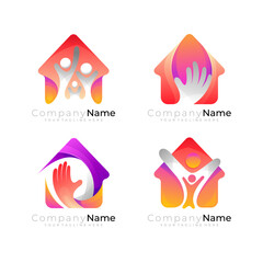 House logo and people care design vector, set home care logos