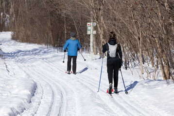 Couple en ski de fond dans le Parc-nature de l'Île-de-la-Visitation