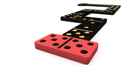 Red and black domino dice stand out against a white background. Two fives. End of the game. 3D rendering. Illustration.