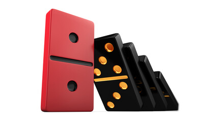 Red and black domino dice stand out against a white background. Two units. The concept of a leader. 3D rendering. Illustration.