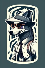Beautiful wolf in a hat and glasses. vector illustration for predator postcard or poster, print for clothes or backpack - generative ai