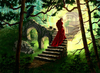 Fantasy illustration forest sorceress and magic portal. High quality illustration