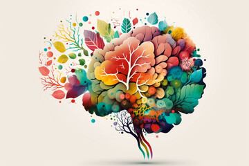 Floral human brain. Mental health concept. Colorful plants and leaves on white background, modern drawn, image is generated with the use of an AI. Template design elements. Blossom, botanical art.