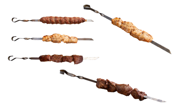 Shashlik, kebab on a skewer. Transparent.