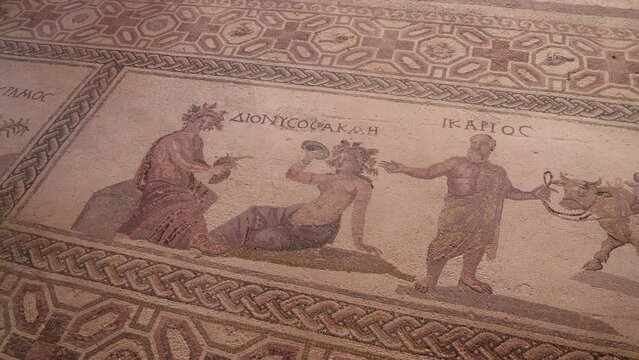 Ikarios moisaic in House of Dionysos Roman villa in Archaeological Park in Paphos , Cyprus