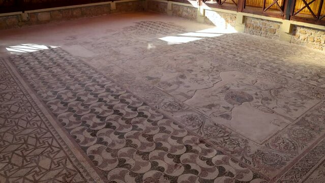 Floor mosaic in House of Dionysos Roman villa in Archaeological Park in Paphos , Cyprus
