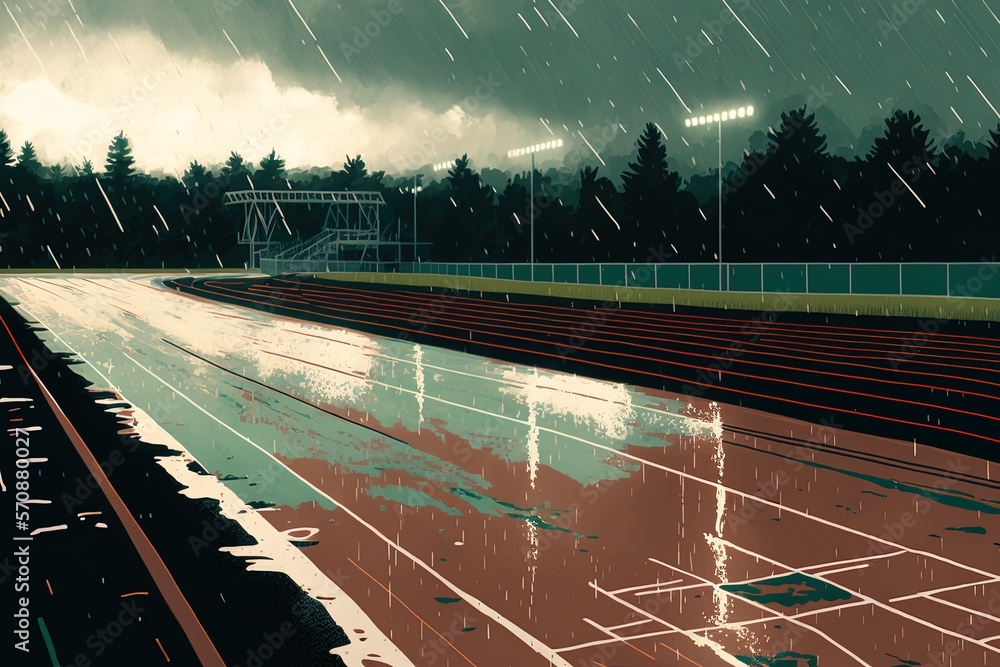 Poster bleachers and track covered with water generative ai