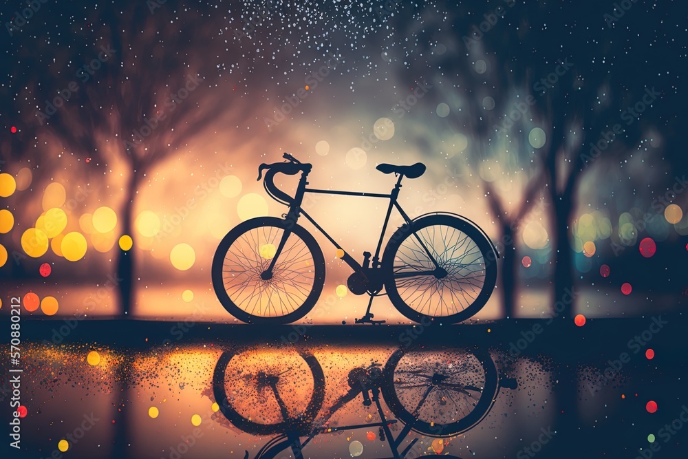 Poster bokeh background of trees and puddles on the road, with a silhouetted bicycle in the foreground. the